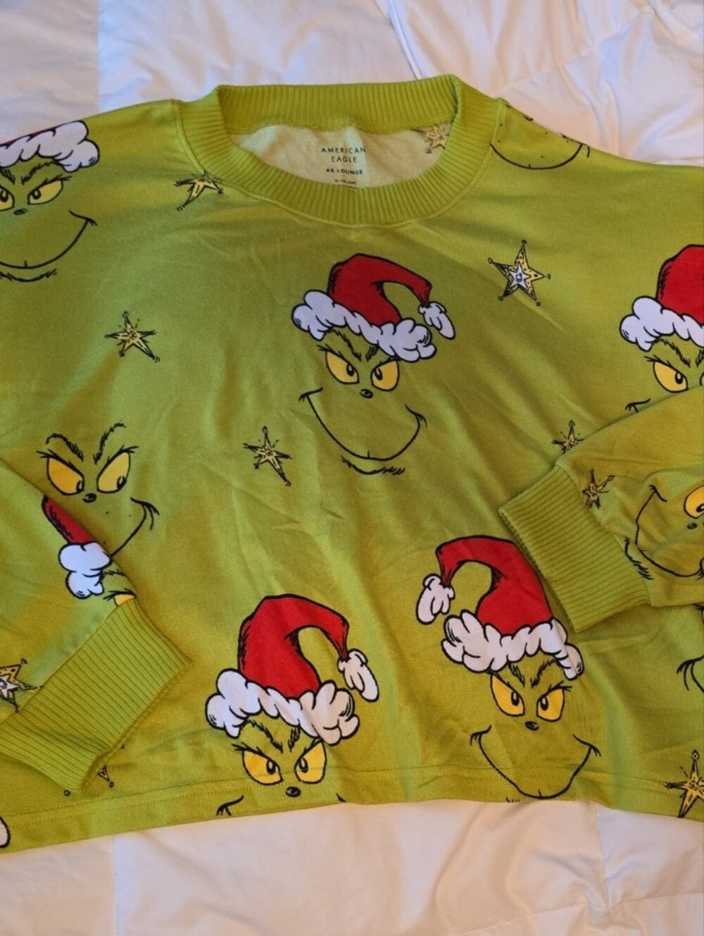 American Eagle Outfitters Ladies Green Grinch Print Pajama s with Red Santa Hats